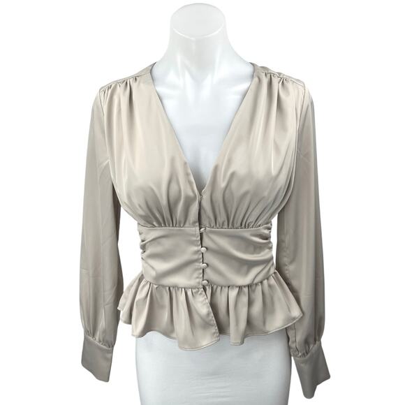 Jason Wu Beige Silk Satin V-neck Ruffle Peplum Long Sleeve Blouse Top Size XS - Picture 1 of 4